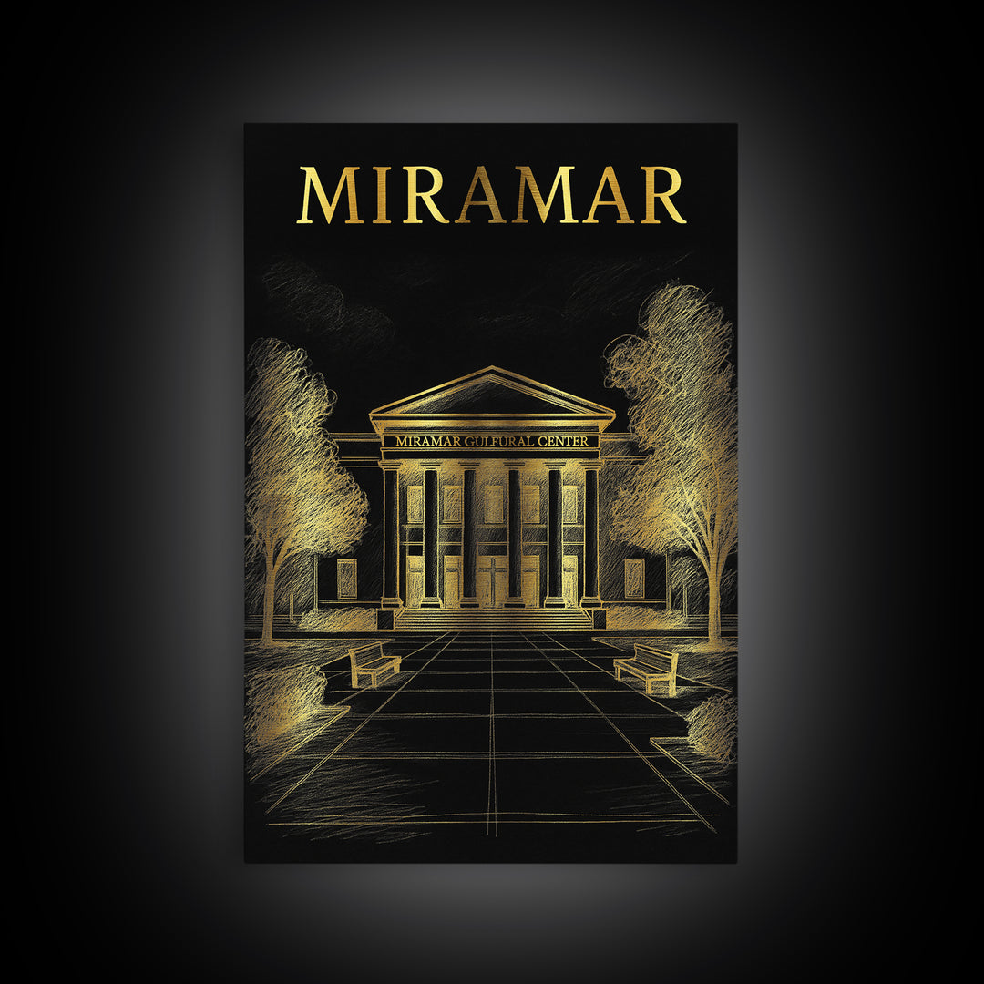 Miramar Florida Travel Poster, Canvas Print, Gold Sketch Wall Art, Miramar Wall Art, Home Office Decor, Fine Art Print, Gift For Travelers