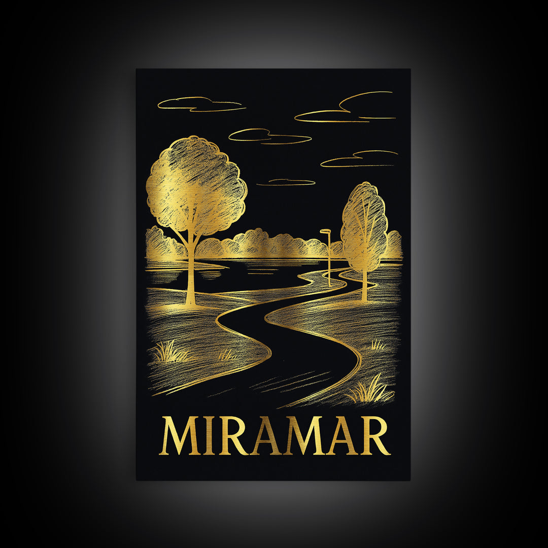 Miramar Travel Poster, Canvas Print, Gold Sketch Wall Art, Miramar Travel Art, Vintage City Poster, Travel Art Print, Travel Wall Art