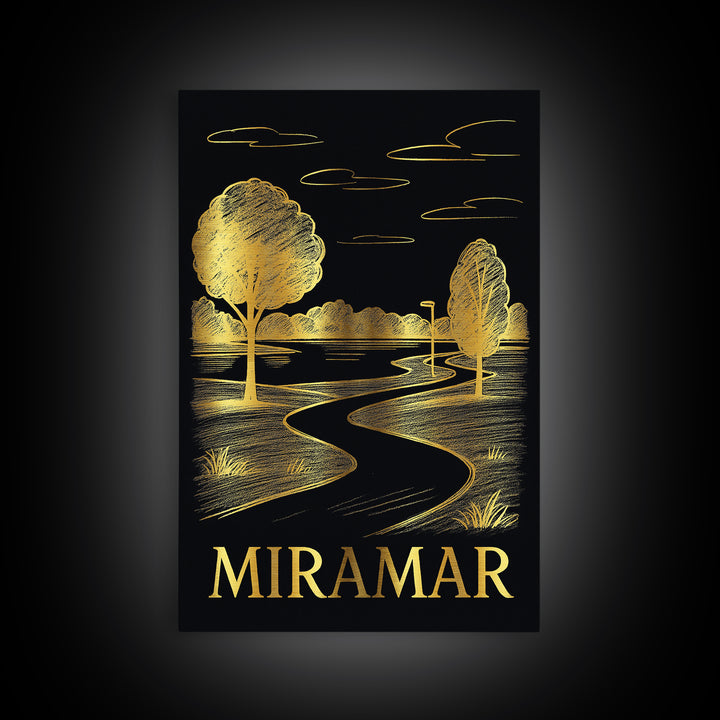 Miramar Travel Poster, Canvas Print, Gold Sketch Wall Art, Miramar Travel Art, Vintage City Poster, Travel Art Print, Travel Wall Art