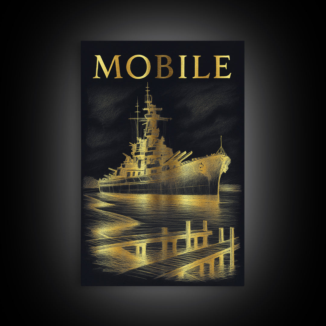 Mobile Alabama Travel Poster, Canvas Print, Black And Gold Line Art, Mobile Wall Art, Vintage City Art, City Illustration, Wall Art