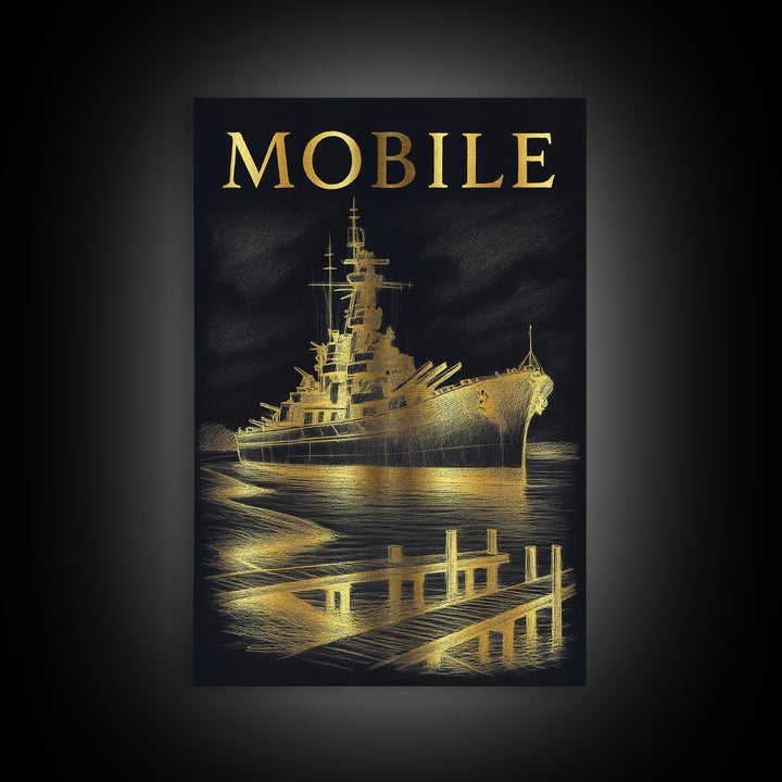 Mobile Alabama Travel Poster, Canvas Print, Black And Gold Line Art, Mobile Wall Art, Vintage City Art, City Illustration, Wall Art