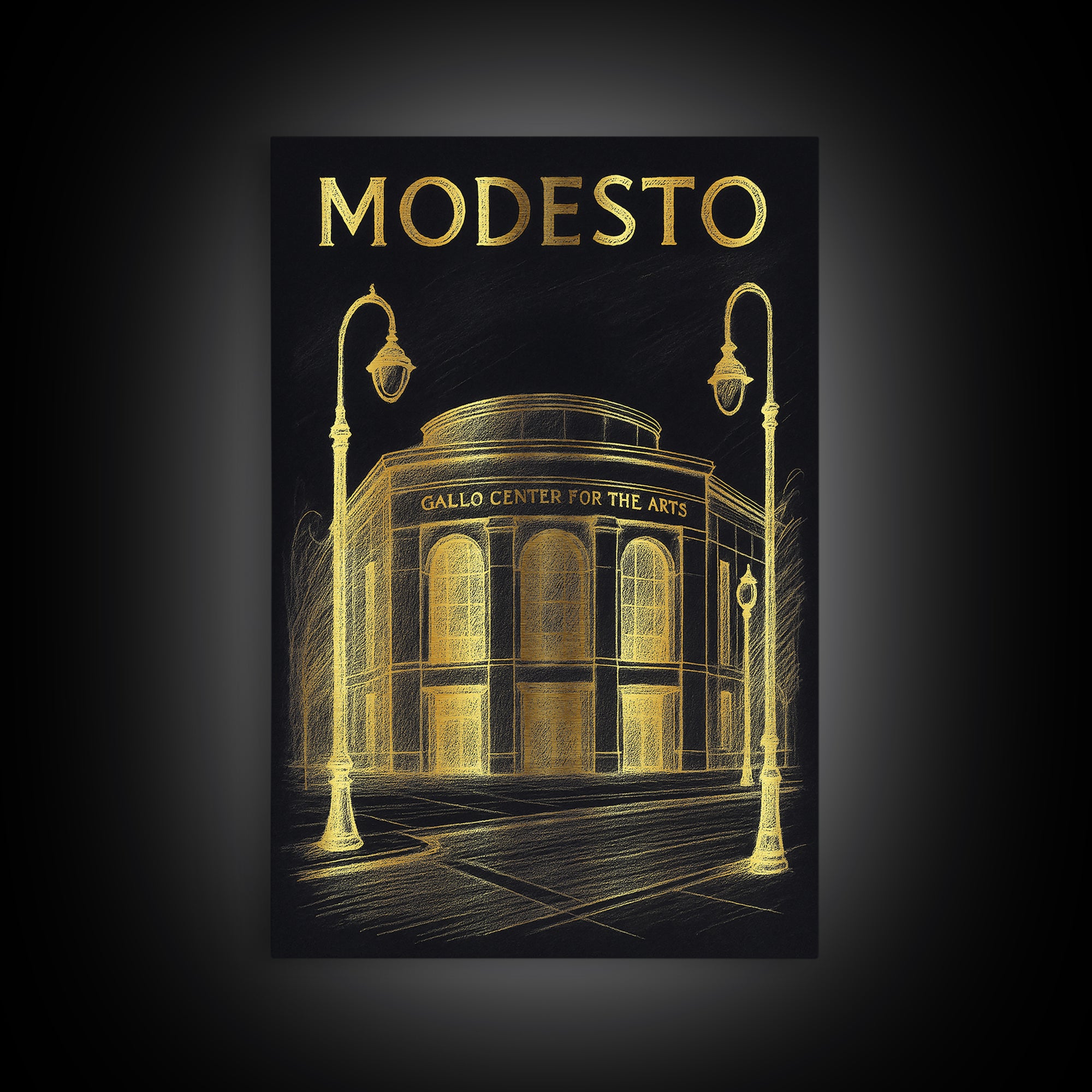 Modesto California Travel Poster, Canvas Print, Gold Sketch Wall Art, Modesto Travel Art, Mid Century Wall Art, Wanderlust Decor, Poster Art