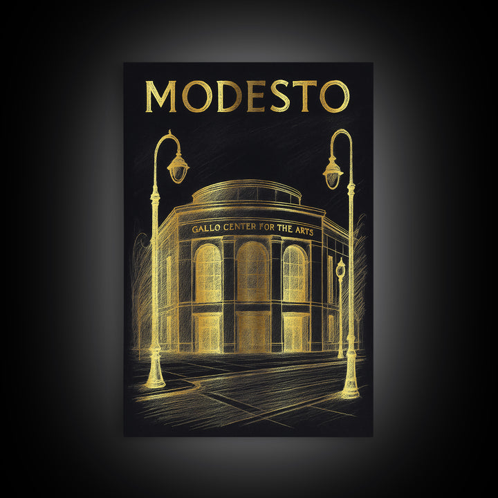 Modesto California Travel Poster, Canvas Print, Gold Sketch Wall Art, Modesto Travel Art, Mid Century Wall Art, Wanderlust Decor, Poster Art