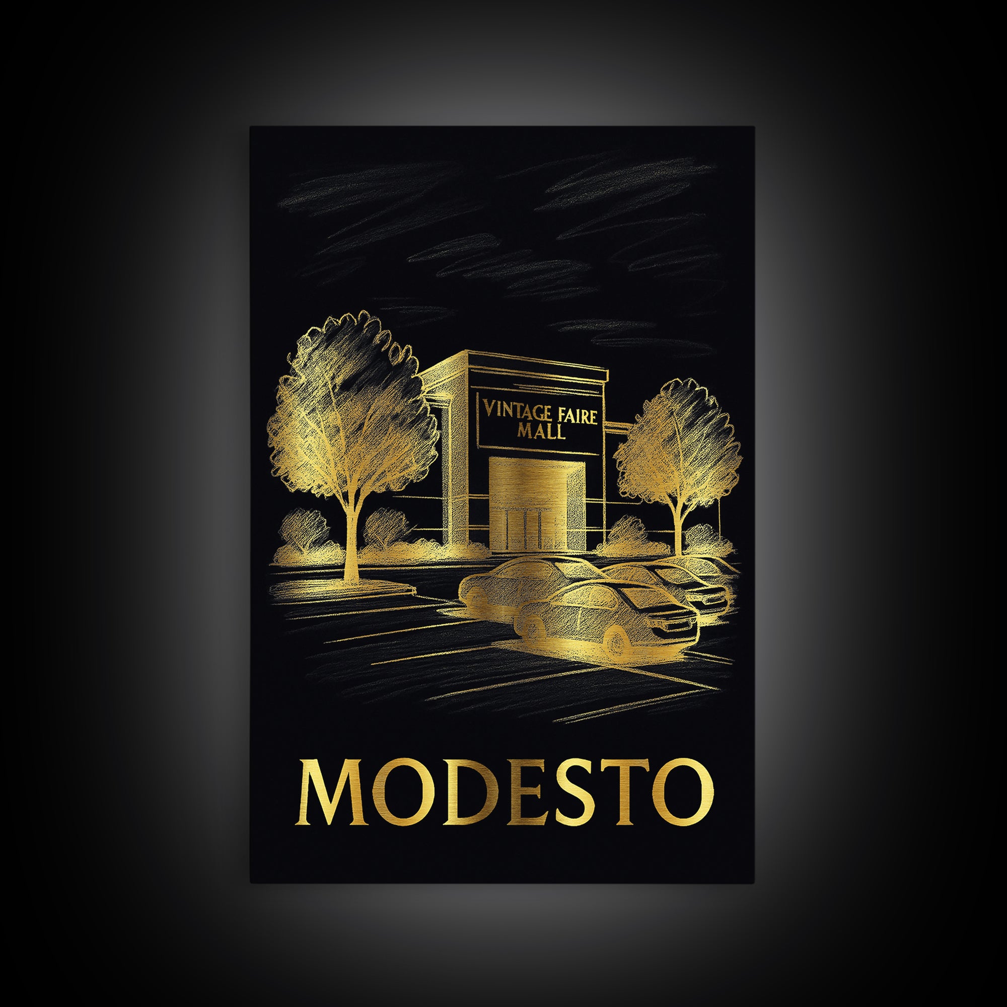 Modesto Travel Poster, Framed Canvas Print, Gold Sketch Wall Art, Modesto City Art, Retro Travel Print, Travel Poster Art, Fine Art Print
