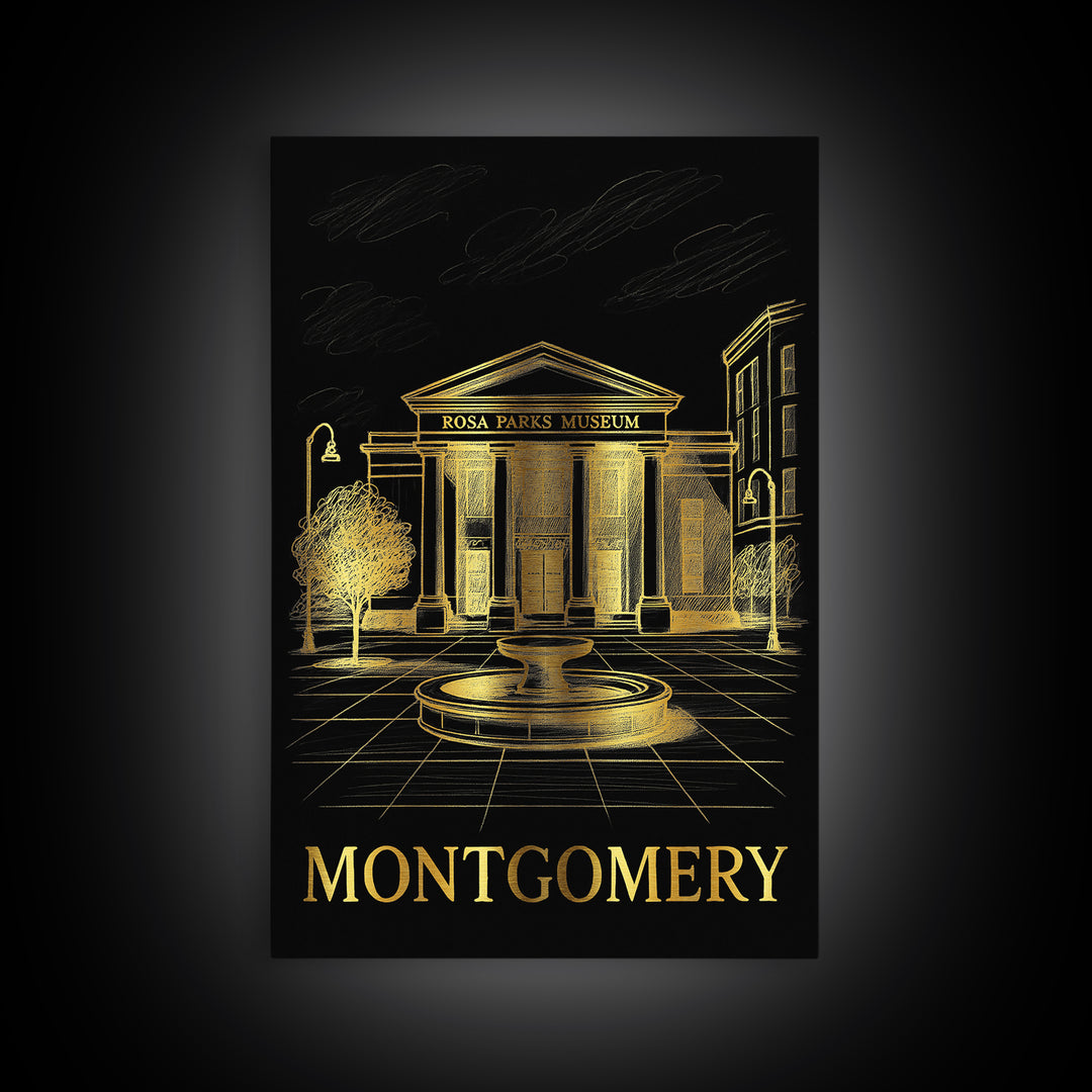 Montgomery Travel Poster, Framed Canvas Print, Gold Sketch Wall Art, Montgomery Art Print, Watercolor Skyline, Wanderlust Decor