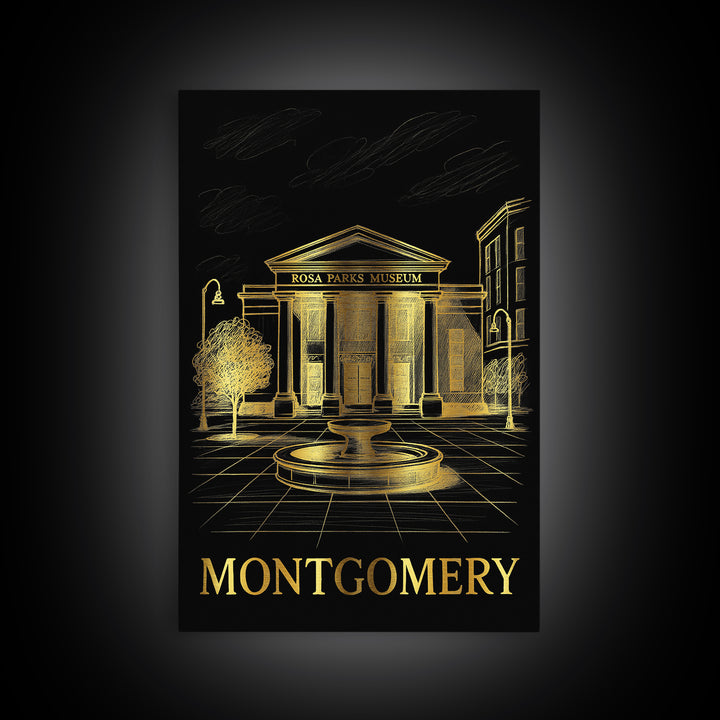Montgomery Travel Poster, Framed Canvas Print, Gold Sketch Wall Art, Montgomery Art Print, Watercolor Skyline, Wanderlust Decor