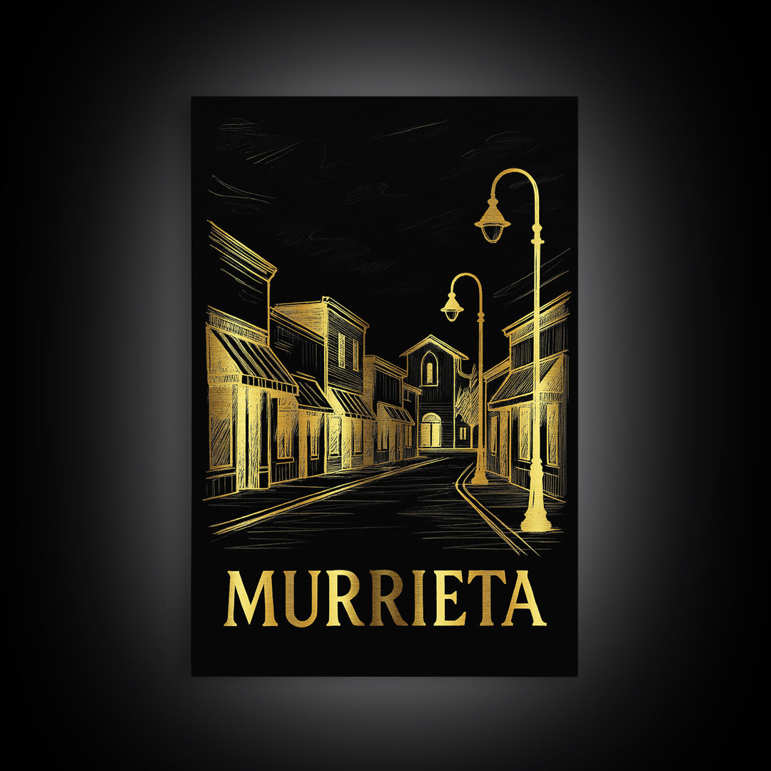 Murrieta Travel Poster, Framed Canvas Print, Gold Sketch Wall Art, Murrieta Poster Print, Mid Century Wall Art, Watercolor Downtown Skyline