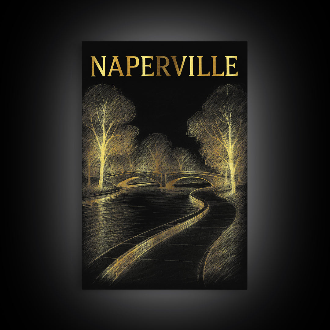 Naperville Illinois Travel Poster, Framed Canvas Print, Elegant Gold City Art, Naperville Art Print, Gift For Travelers, Travel Poster Set