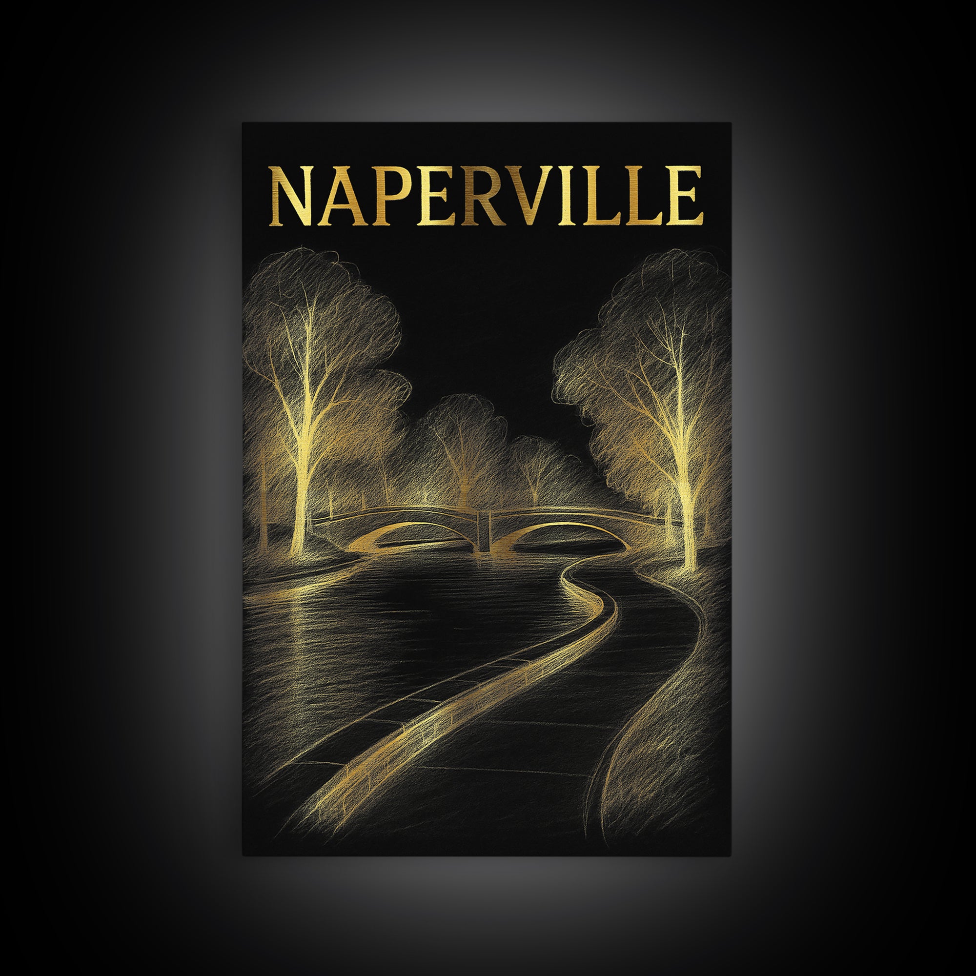 Naperville Illinois Travel Poster, Framed Canvas Print, Elegant Gold City Art, Naperville Art Print, Gift For Travelers, Travel Poster Set