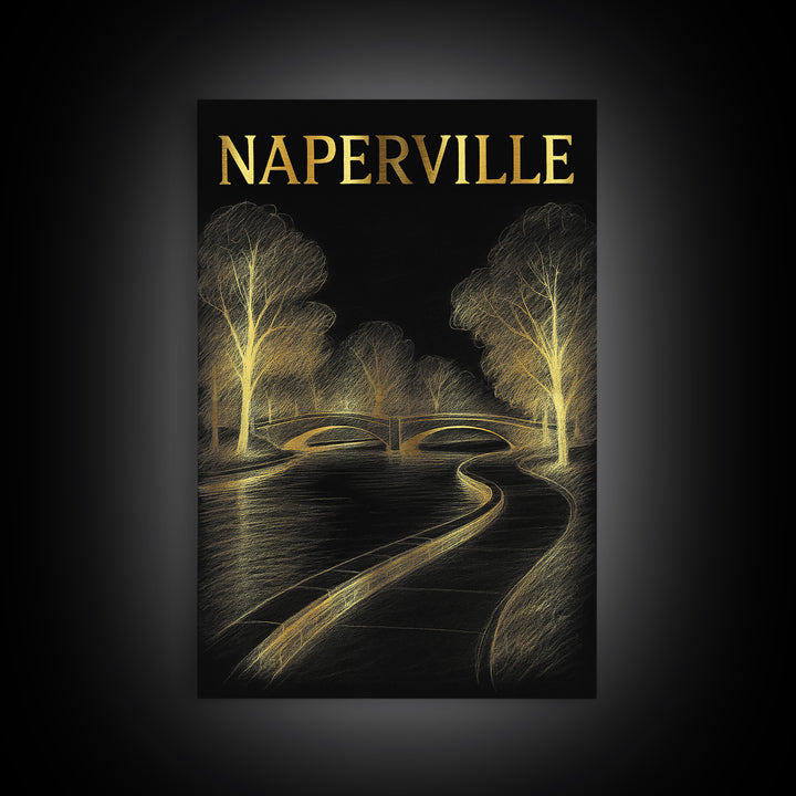 Naperville Illinois Travel Poster, Framed Canvas Print, Elegant Gold City Art, Naperville Art Print, Gift For Travelers, Travel Poster Set