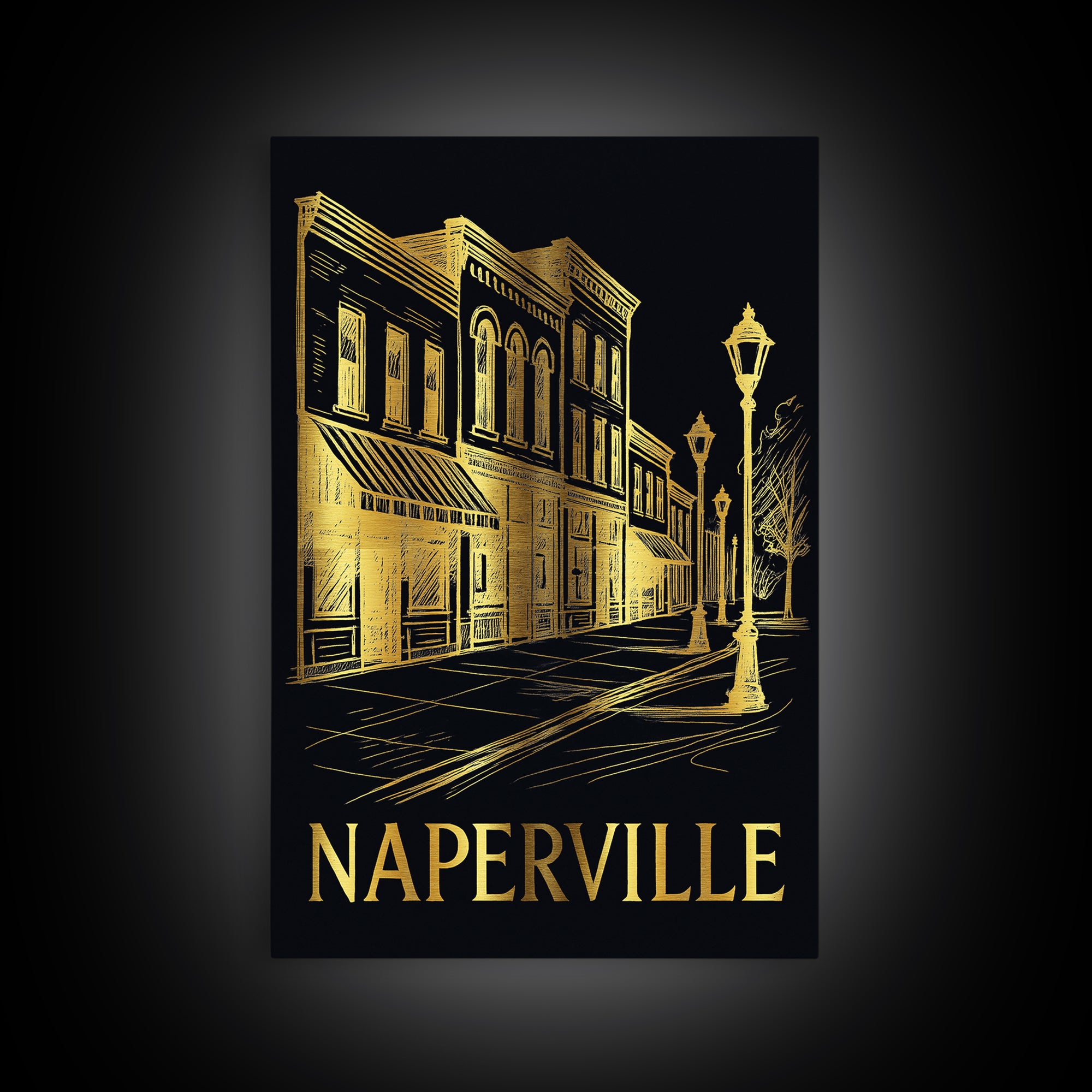 Naperville Travel Poster, Canvas Print, Elegant Gold City Art, Naperville City Art, City Art Print, Watercolor Skyline, City Illustration