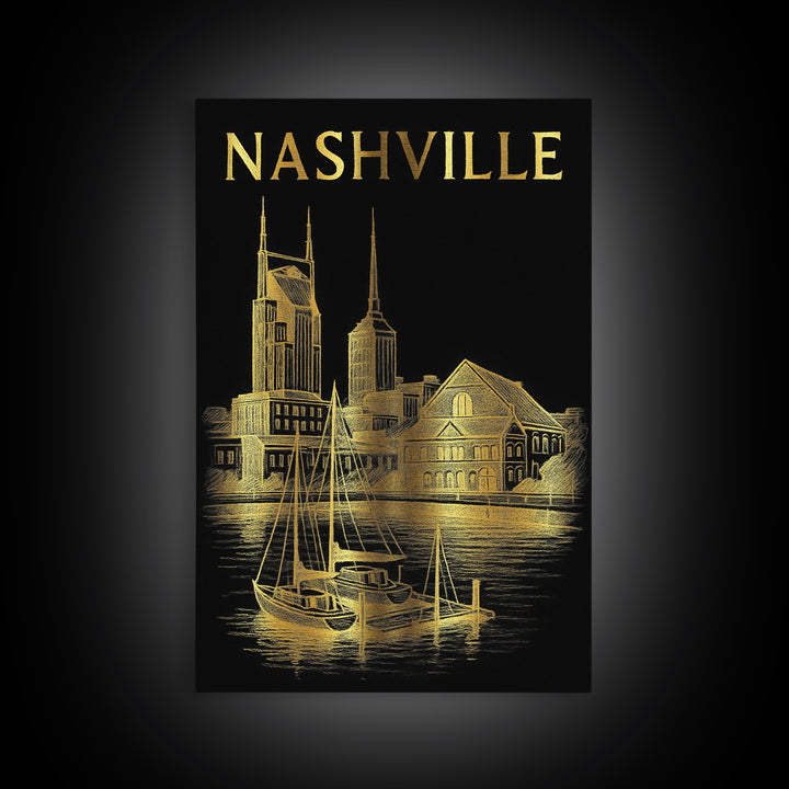 Nashville Tennessee Travel Poster, Canvas Print, Dark Background Poster Art, Nashville Travel Art, Travel Wall Decor, Home Office Decor
