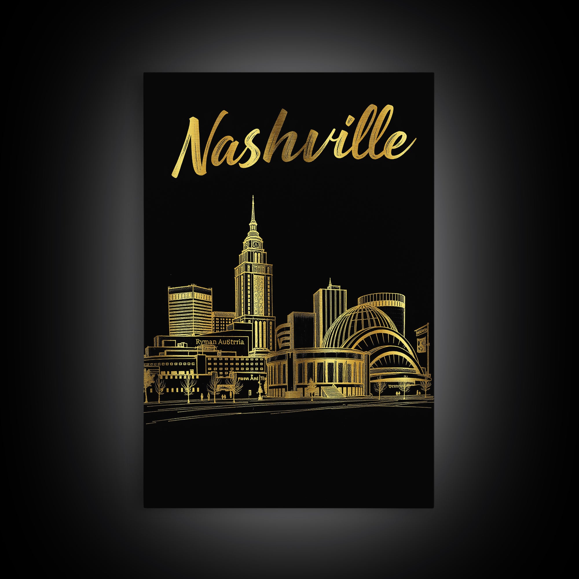 Nashville Travel Poster, Framed Canvas Print, Elegant Gold City Art, Nashville Wall Art, Modern Wall Decor, City Illustration, Wall Art