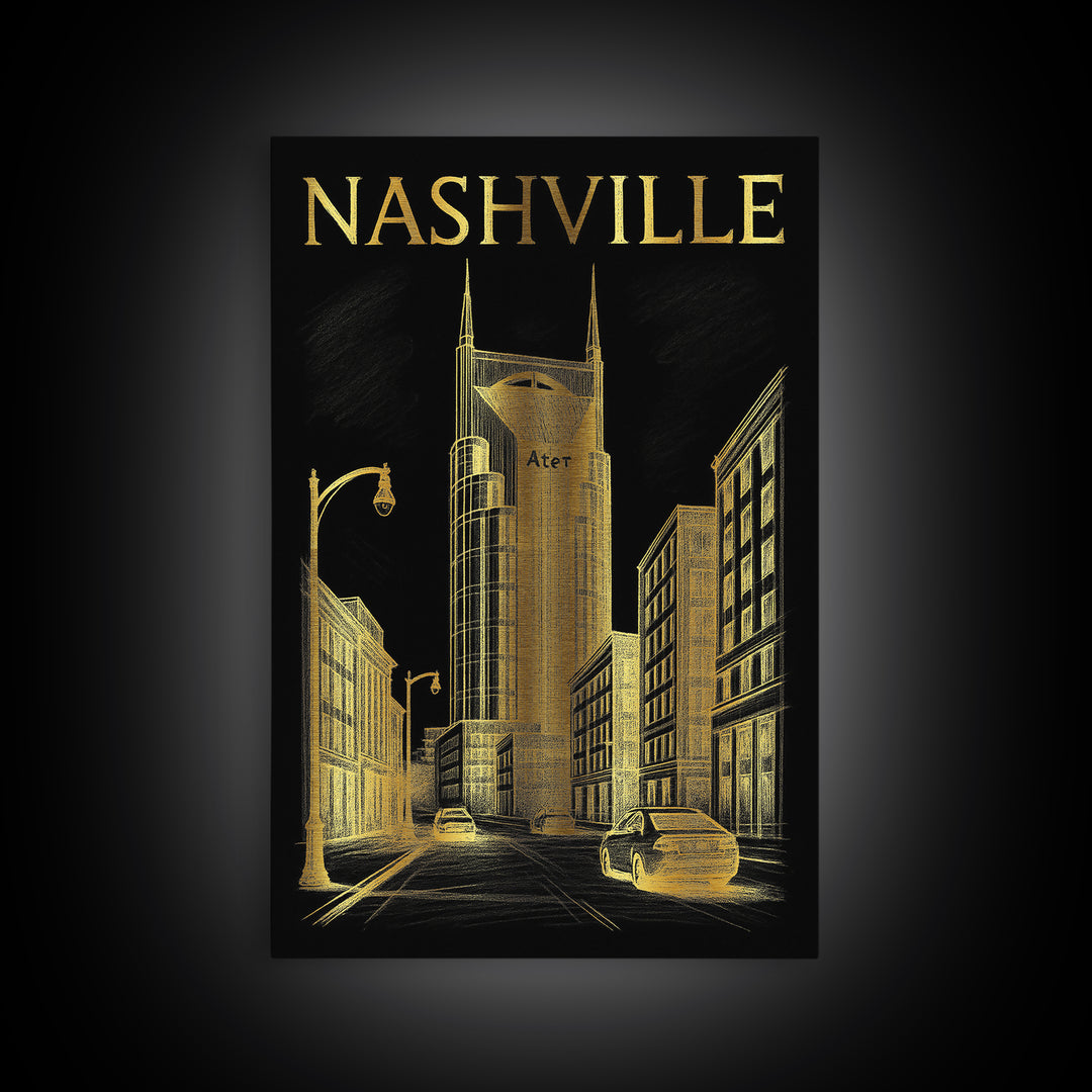 Nashville Travel Poster, Canvas Print, Dark Background Poster Art, Nashville City Art, Wanderlust Decor, Living Room Wall Art, Design 3