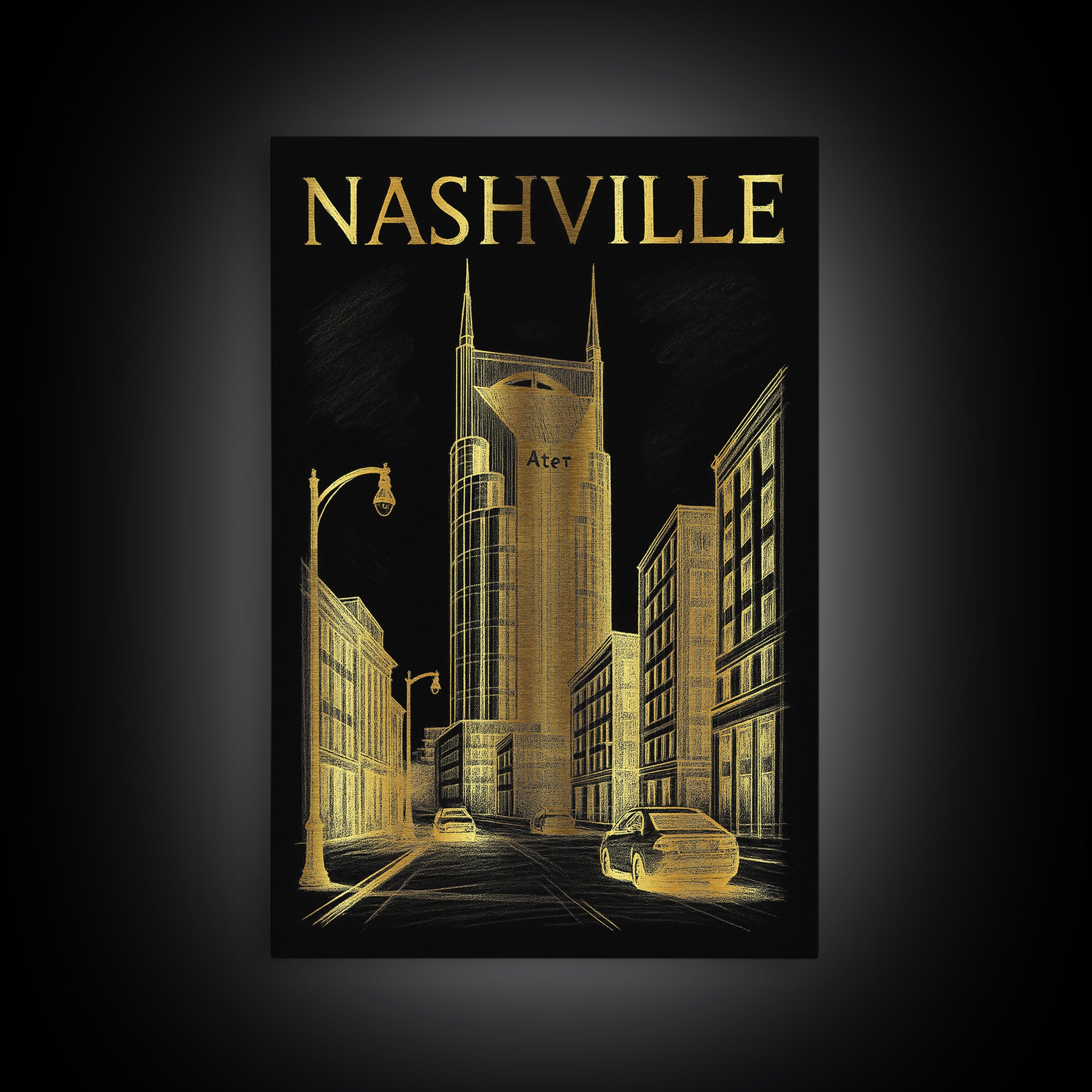 Nashville Travel Poster, Canvas Print, Dark Background Poster Art, Nashville City Art, Wanderlust Decor, Living Room Wall Art, Design 3