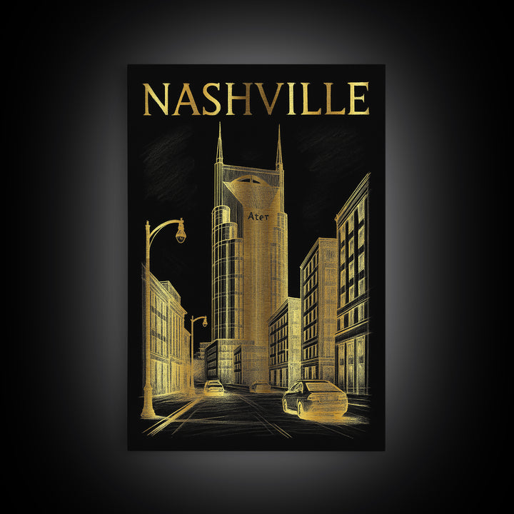 Nashville Travel Poster, Canvas Print, Dark Background Poster Art, Nashville City Art, Wanderlust Decor, Living Room Wall Art, Design 3