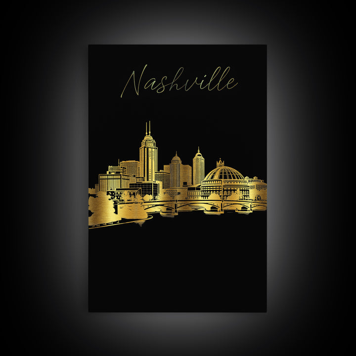 Nashville Travel Poster, Framed Canvas Print, Black And Gold Line Art, Nashville Travel Art, Travel Art Print, Watercolor Downtown Skyline