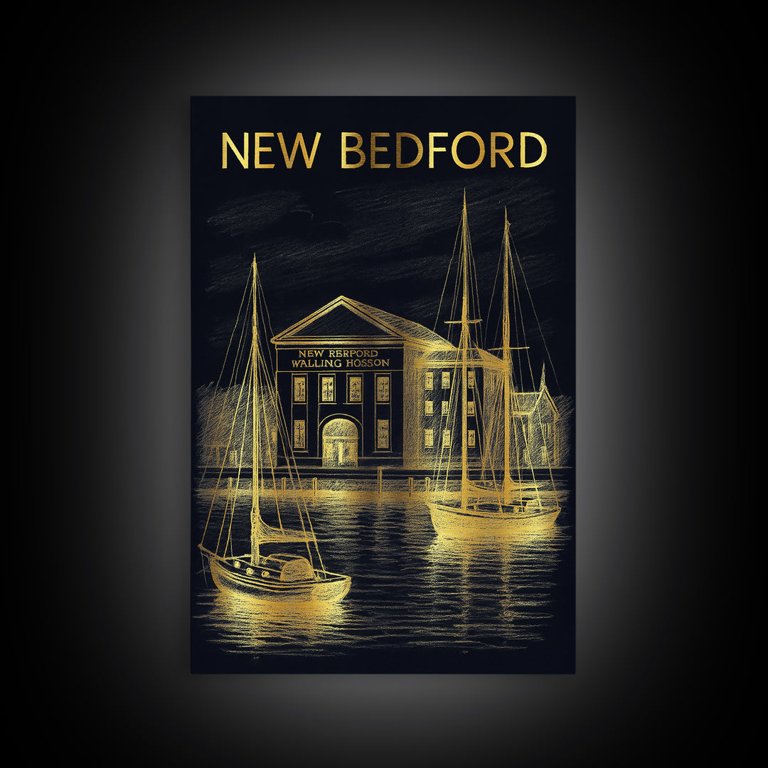 New Bedford Massachusetts Travel Poster, Canvas Print, Gold Sketch Wall Art, New Bedford City Art, Poster Art, Wanderlust Decor