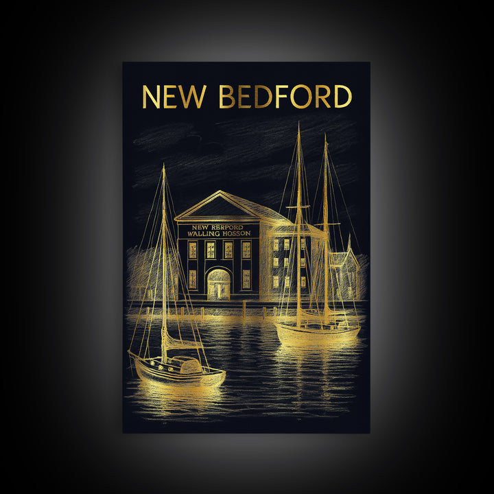 New Bedford Massachusetts Travel Poster, Canvas Print, Gold Sketch Wall Art, New Bedford City Art, Poster Art, Wanderlust Decor
