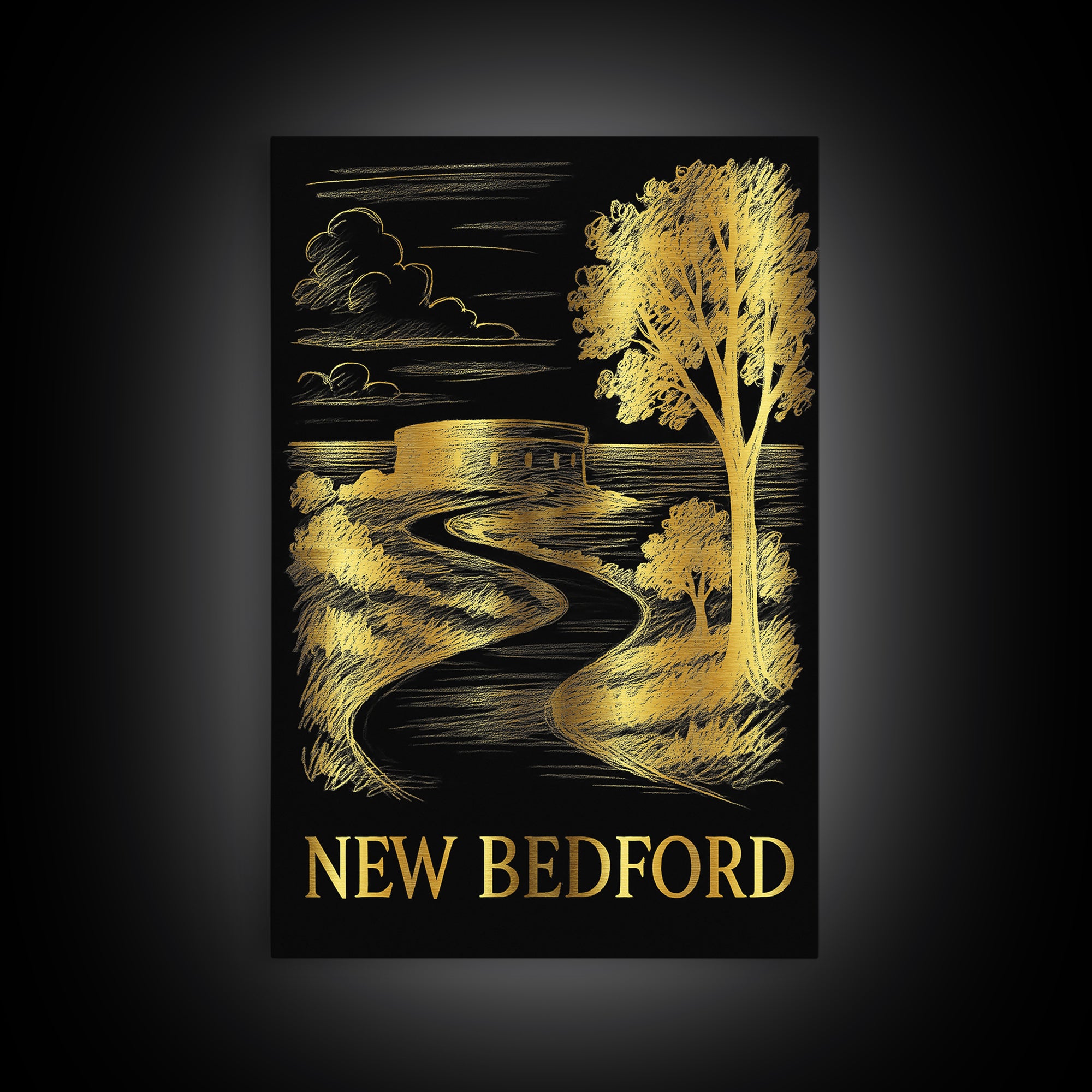 New Bedford Travel Poster, Framed Canvas Print, Elegant Gold City Art, New Bedford Wall Art, City Travel Prints, Gift For Travelers