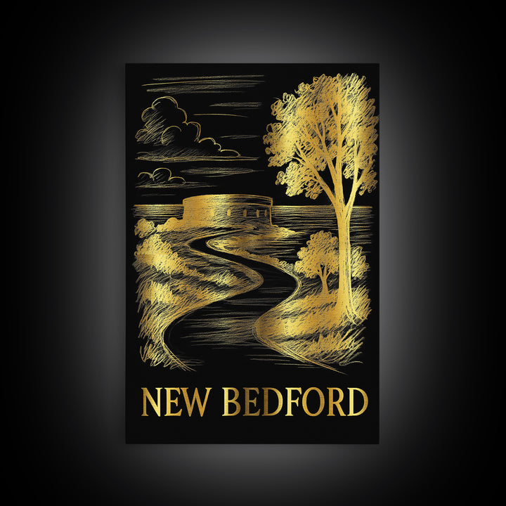 New Bedford Travel Poster, Framed Canvas Print, Elegant Gold City Art, New Bedford Wall Art, City Travel Prints, Gift For Travelers