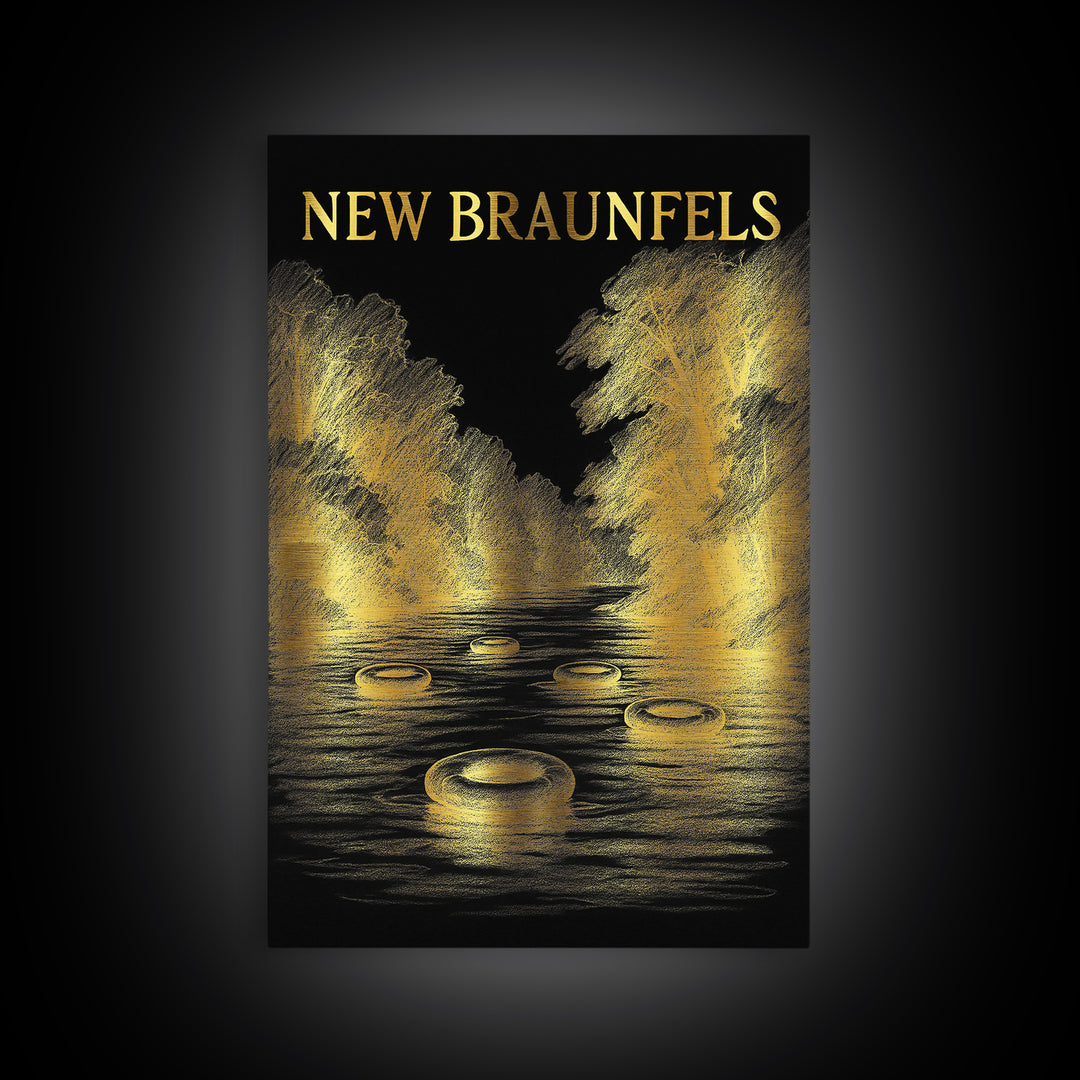 New Braunfels Texas Travel Poster, Canvas Print, Black And Gold Line Art, New Braunfels Art Print, Mid Century Wall Art, Vintage City Art