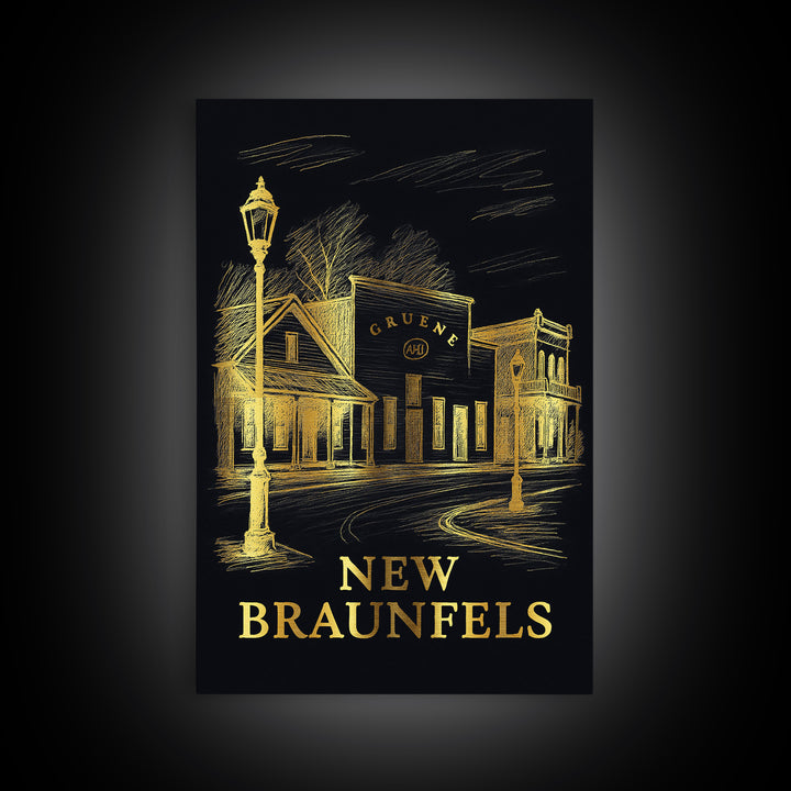 New Braunfels Travel Poster, Framed Canvas Print, Gold Sketch Wall Art, New Braunfels Wall Art, Gift For Travelers, Vintage City Poster