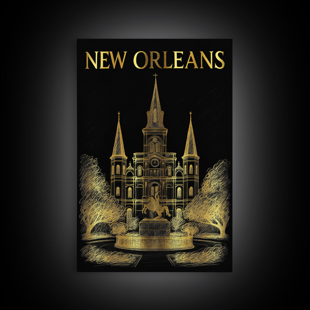 New Orleans Louisiana Travel Poster, Canvas Print, Elegant Gold City Art, New Orleans Poster Print, City Illustration, Home Office Decor