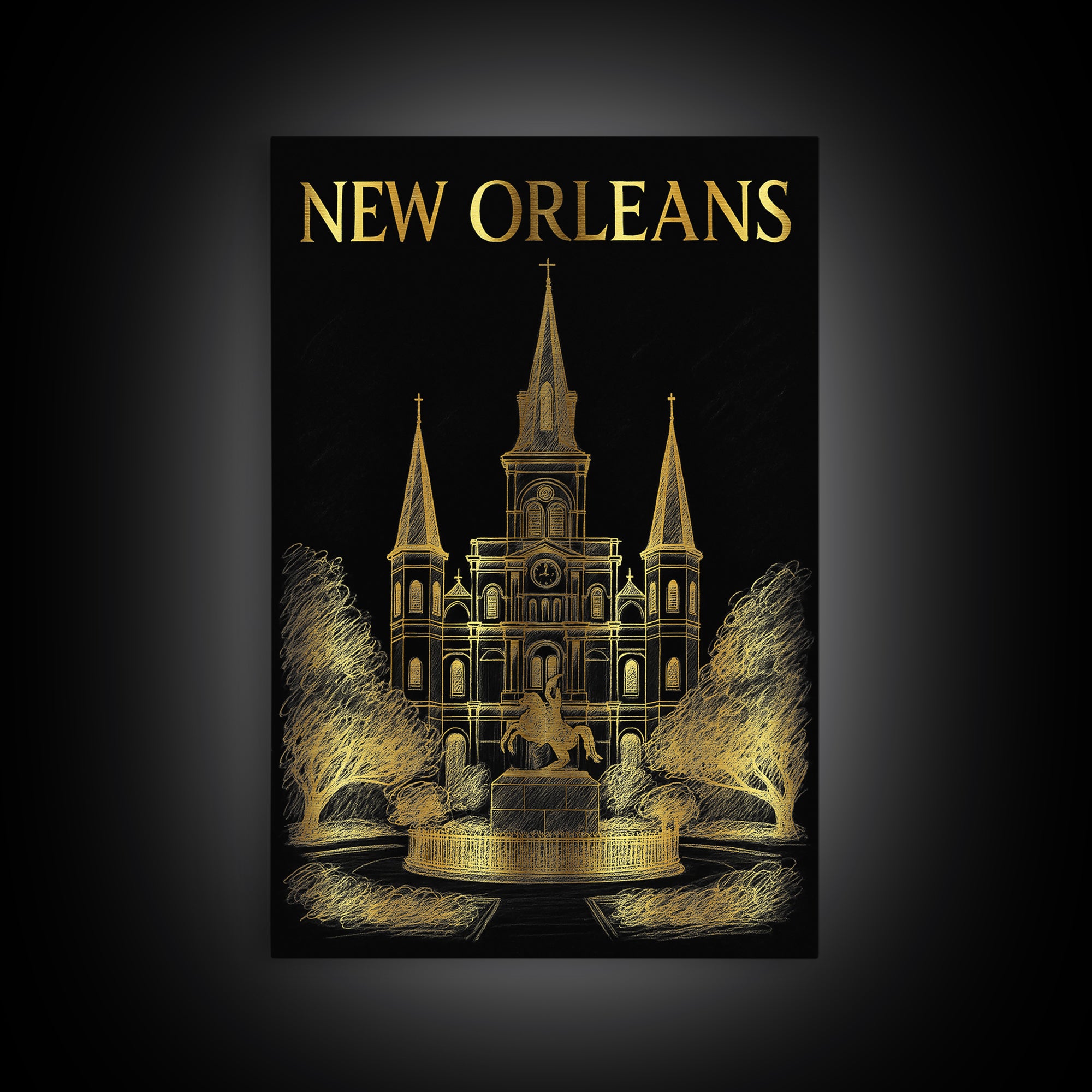 New Orleans Louisiana Travel Poster, Canvas Print, Elegant Gold City Art, New Orleans Poster Print, City Illustration, Home Office Decor