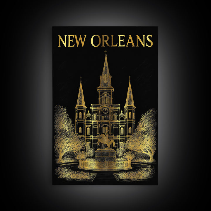 New Orleans Louisiana Travel Poster, Canvas Print, Elegant Gold City Art, New Orleans Poster Print, City Illustration, Home Office Decor
