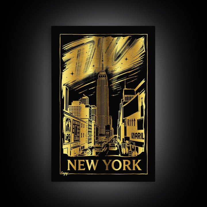 New York Travel Poster, Framed Canvas Print, Dark Background Poster Art, New York Art Print, Retro Travel Print, Travel Poster Art