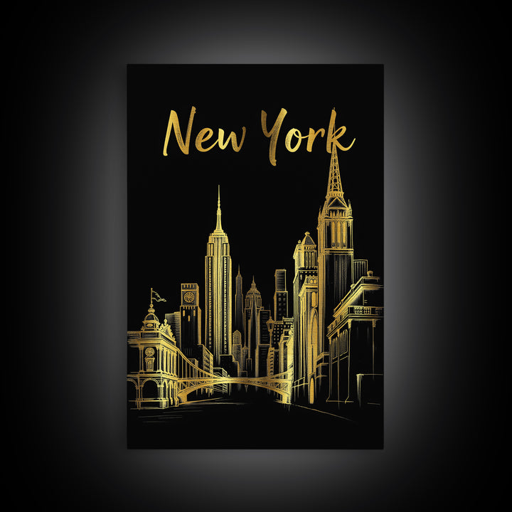 New York Travel Poster, Framed Canvas Print, Elegant Gold City Art, New York Art Print, City Art Print, City Travel Prints, Travel Decor