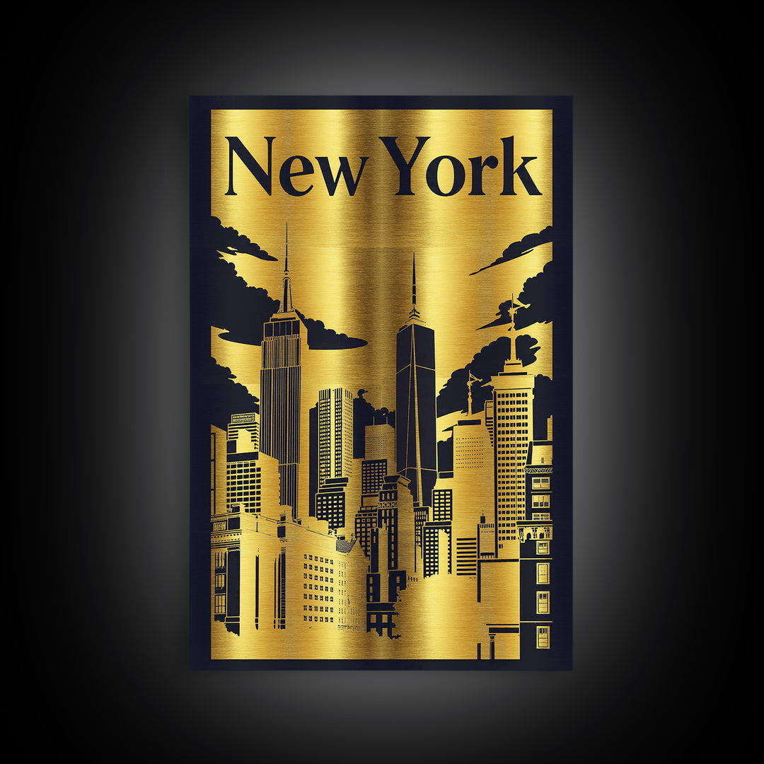 New York Travel Poster, Canvas Print, Black And Gold Line Art, New York Poster Print, Watercolor Skyline, City Illustration, Design 4