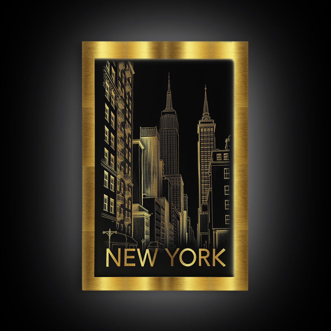 New York Travel Poster, Canvas Print, Black And Gold Line Art, New York Travel Art, City Travel Prints, Travel Poster Set, Travel Wall Art
