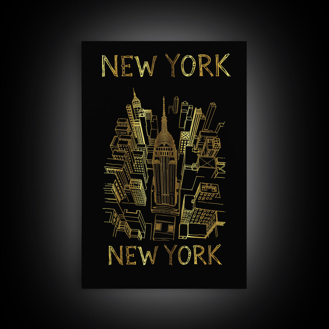 New York Travel Poster, Canvas Print, Black And Gold Line Art, New York City Art, Vintage Travel Art, Mid Century Wall Art, City Art Print