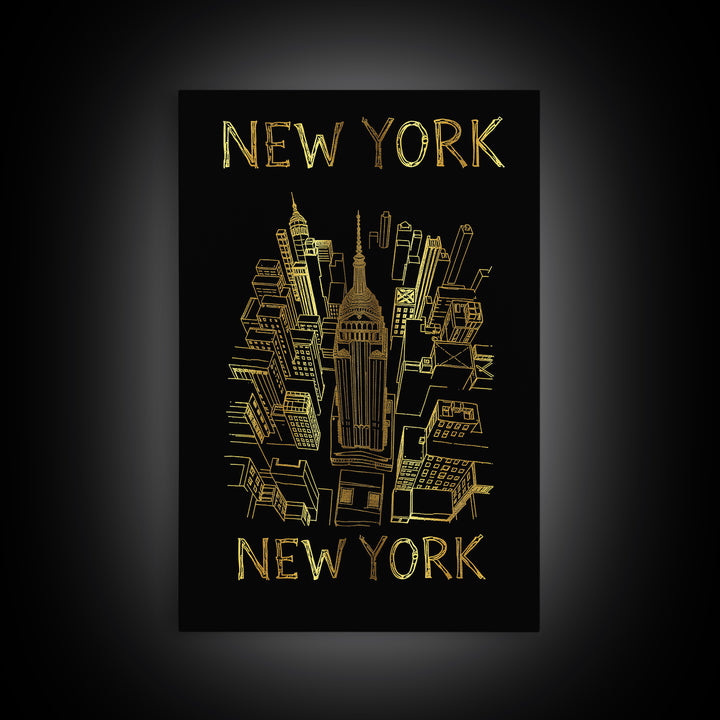New York Travel Poster, Canvas Print, Black And Gold Line Art, New York City Art, Vintage Travel Art, Mid Century Wall Art, City Art Print