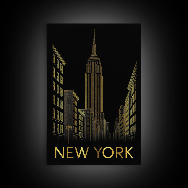 New York Travel Poster, Framed Canvas Print, Black And Gold Line Art, New York Art Print, Fine Art Print, Home Office Decor, Travel Gift