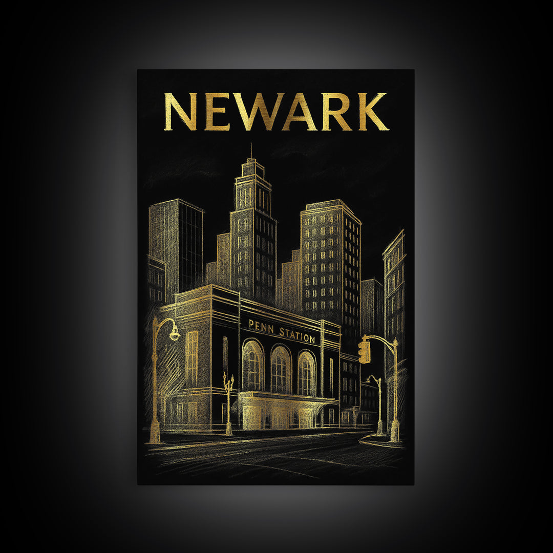 Newark Travel Poster, Canvas Print, Dark Background Poster Art, Newark Poster Print, Travel Art Print, Retro Travel Print, Vintage City Art