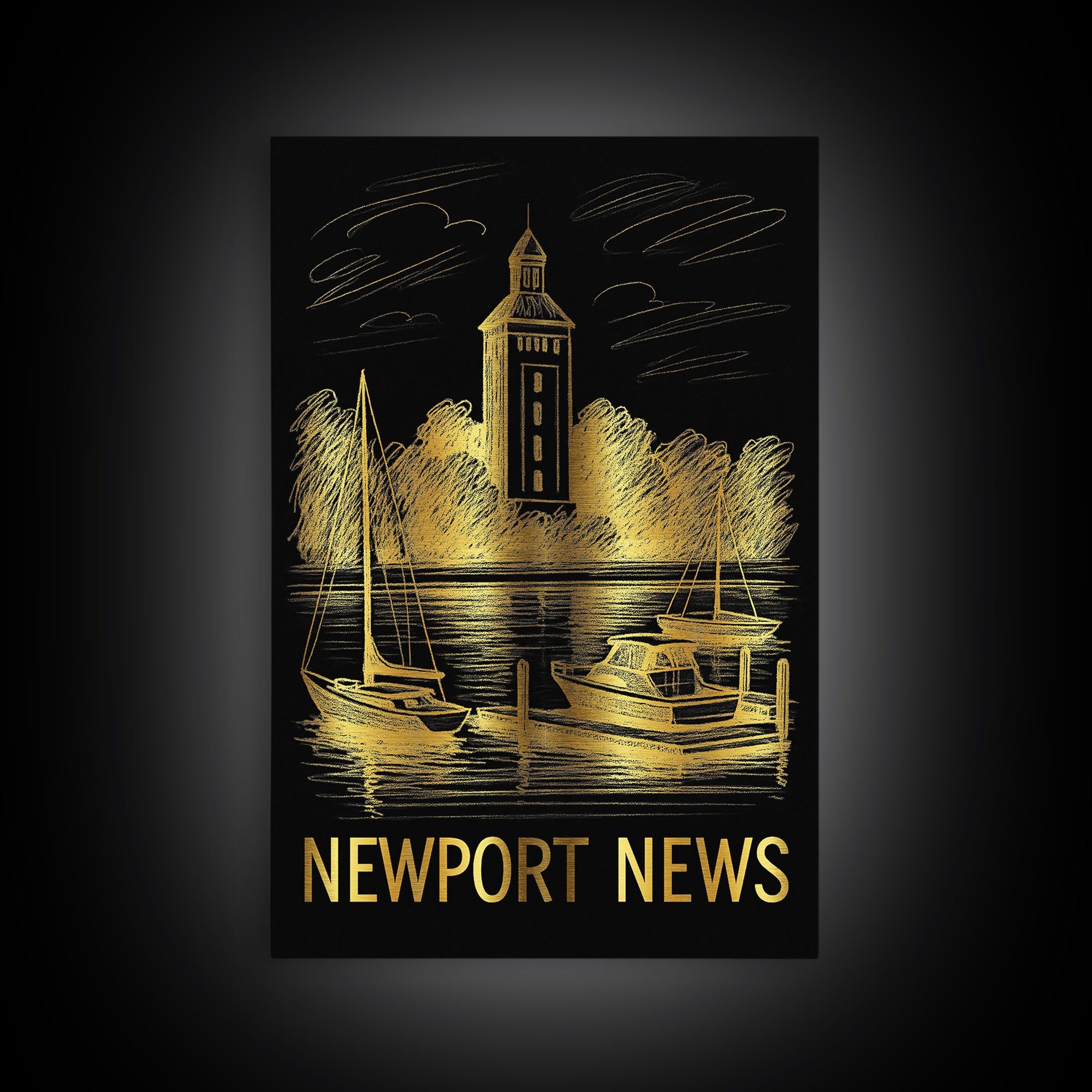 Newport News Travel Poster, Canvas Print, Elegant Gold City Art, Newport News City Art, Travel Wall Decor, City Illustration, Design 2