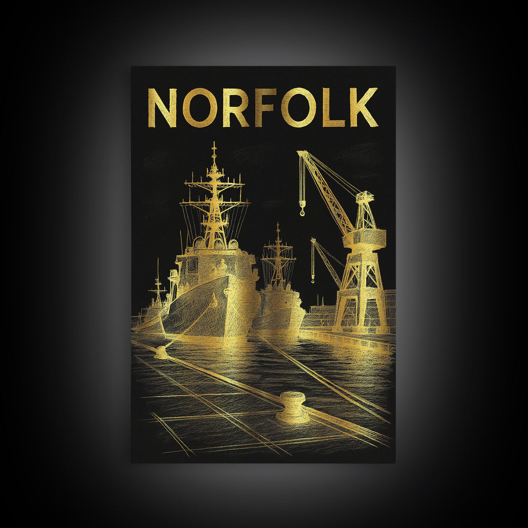Norfolk Virginia Travel Poster, Framed Canvas Print, Elegant Gold City Art, Norfolk Poster Print, Travel Poster Set, Vintage Travel Art