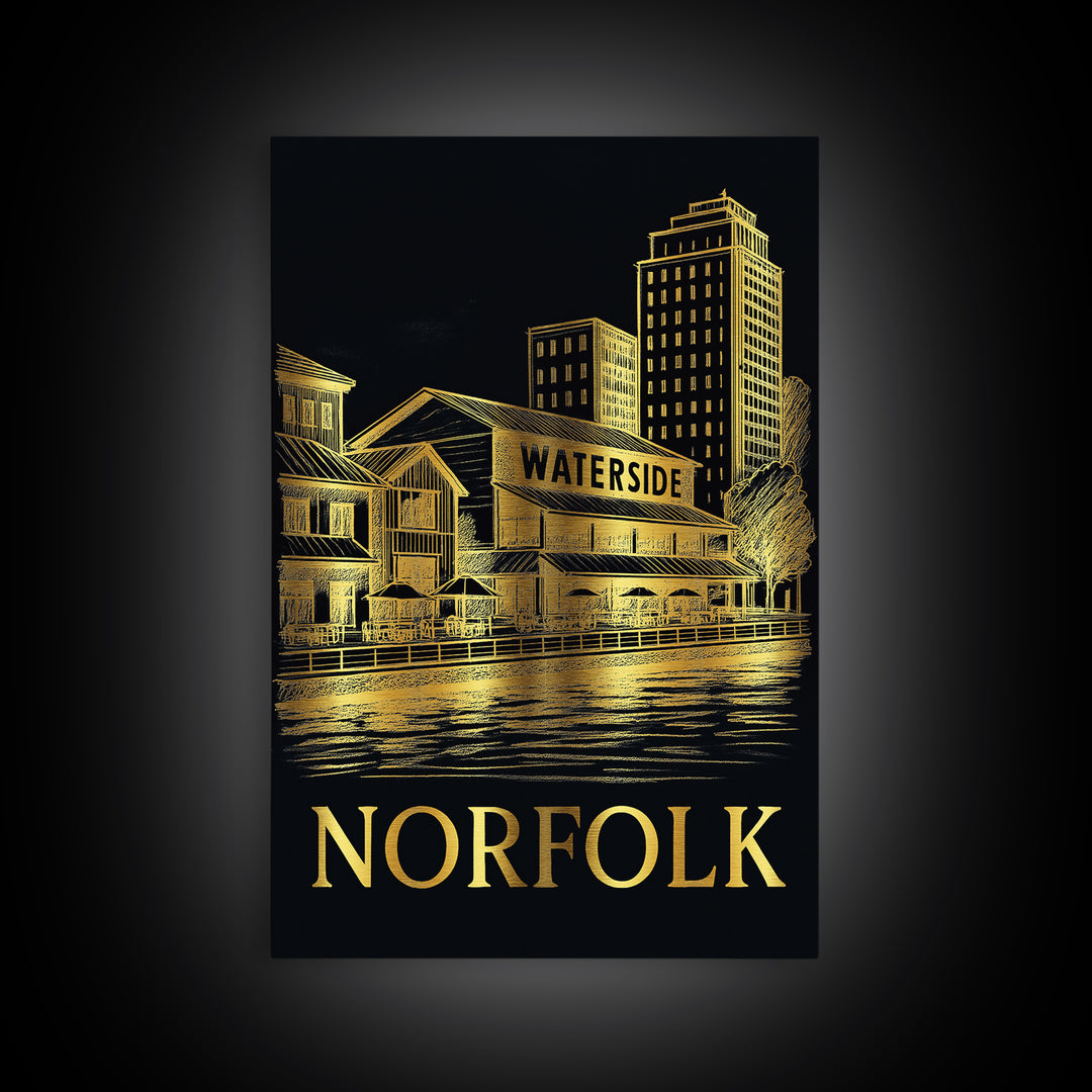 Norfolk Travel Poster, Framed Canvas Print, Gold Sketch Wall Art, Norfolk Wall Art, Home Office Decor, Wanderlust Decor, Gift For Travelers