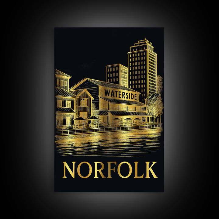 Norfolk Travel Poster, Framed Canvas Print, Gold Sketch Wall Art, Norfolk Wall Art, Home Office Decor, Wanderlust Decor, Gift For Travelers
