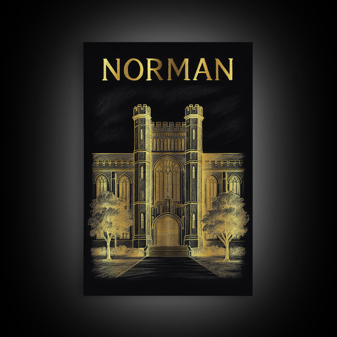 Norman Oklahoma Travel Poster, Canvas Print, Elegant Gold City Art, Norman City Art, Vintage City Poster, Vintage Travel Art, Vintage Poster