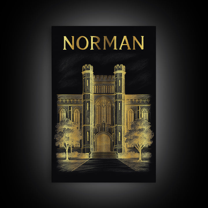 Norman Oklahoma Travel Poster, Canvas Print, Elegant Gold City Art, Norman City Art, Vintage City Poster, Vintage Travel Art, Vintage Poster