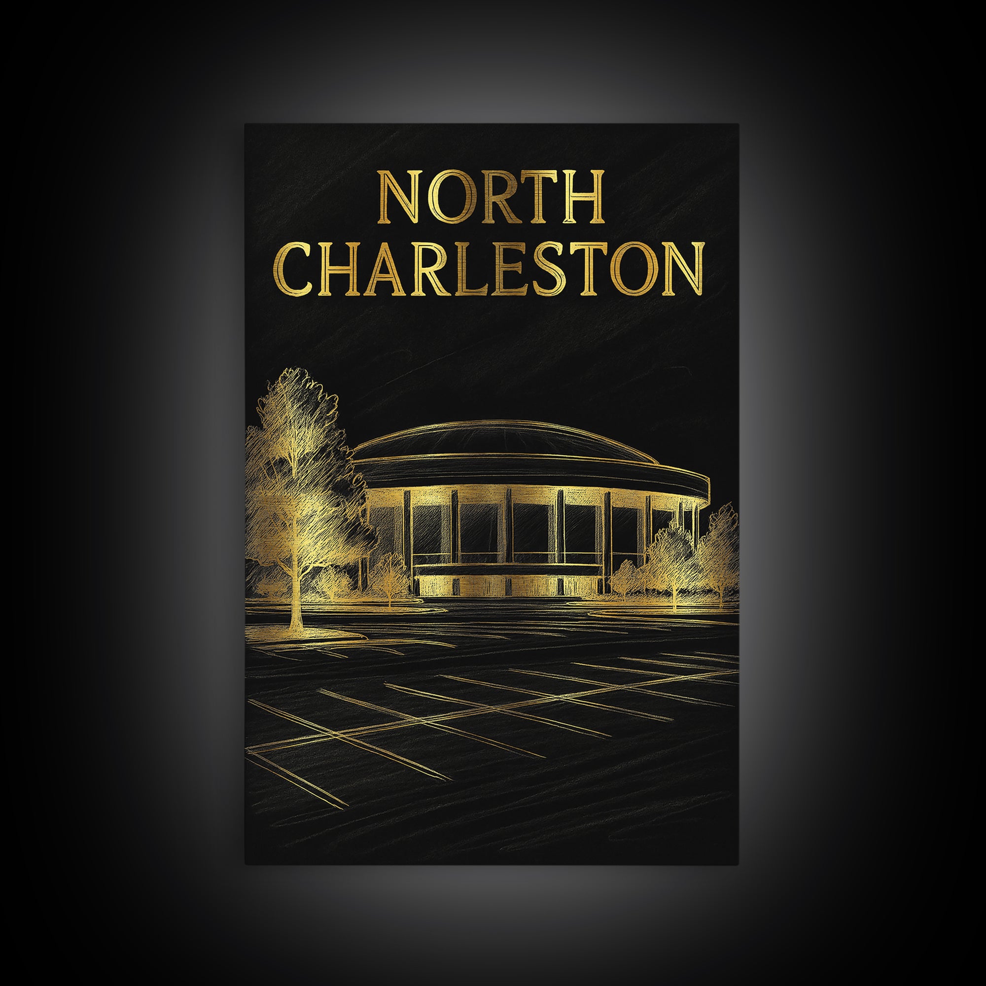 North Charleston Travel Poster, Framed Canvas Print, Black And Gold Line Art, North Charleston Travel Art, Vintage City Art, Poster Art