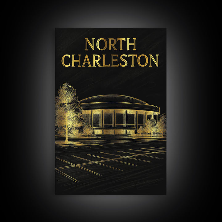 North Charleston Travel Poster, Framed Canvas Print, Black And Gold Line Art, North Charleston Travel Art, Vintage City Art, Poster Art