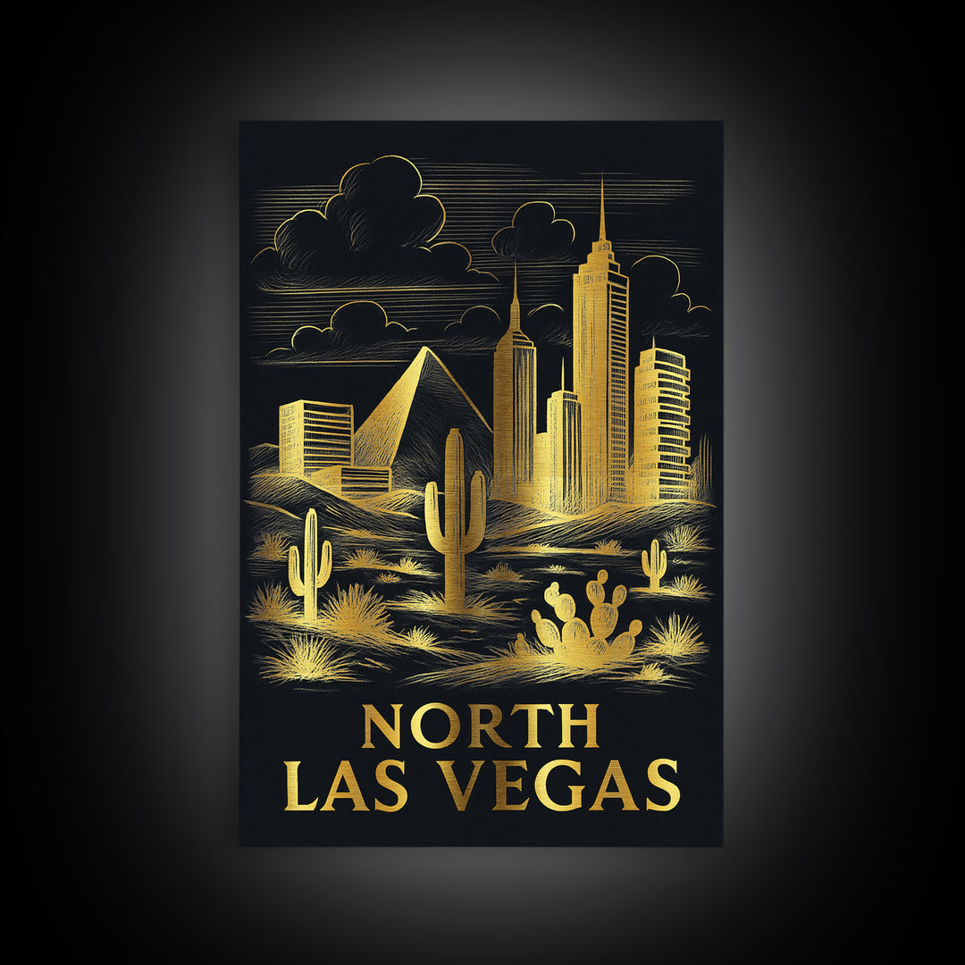 North Las Vegas Travel Poster, Canvas Print, Gold Sketch Wall Art, North Las Vegas City Art, City Travel Prints, Modern Wall Decor