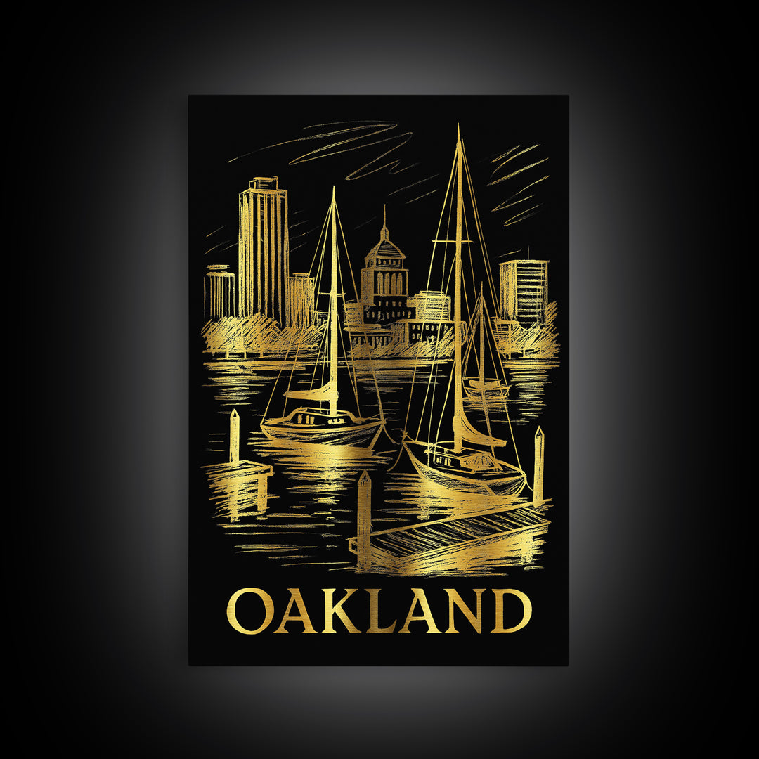 Oakland Travel Poster, Canvas Print, Gold Sketch Wall Art, Oakland Travel Art, Watercolor Downtown Skyline, Travel Poster Set, Travel Art
