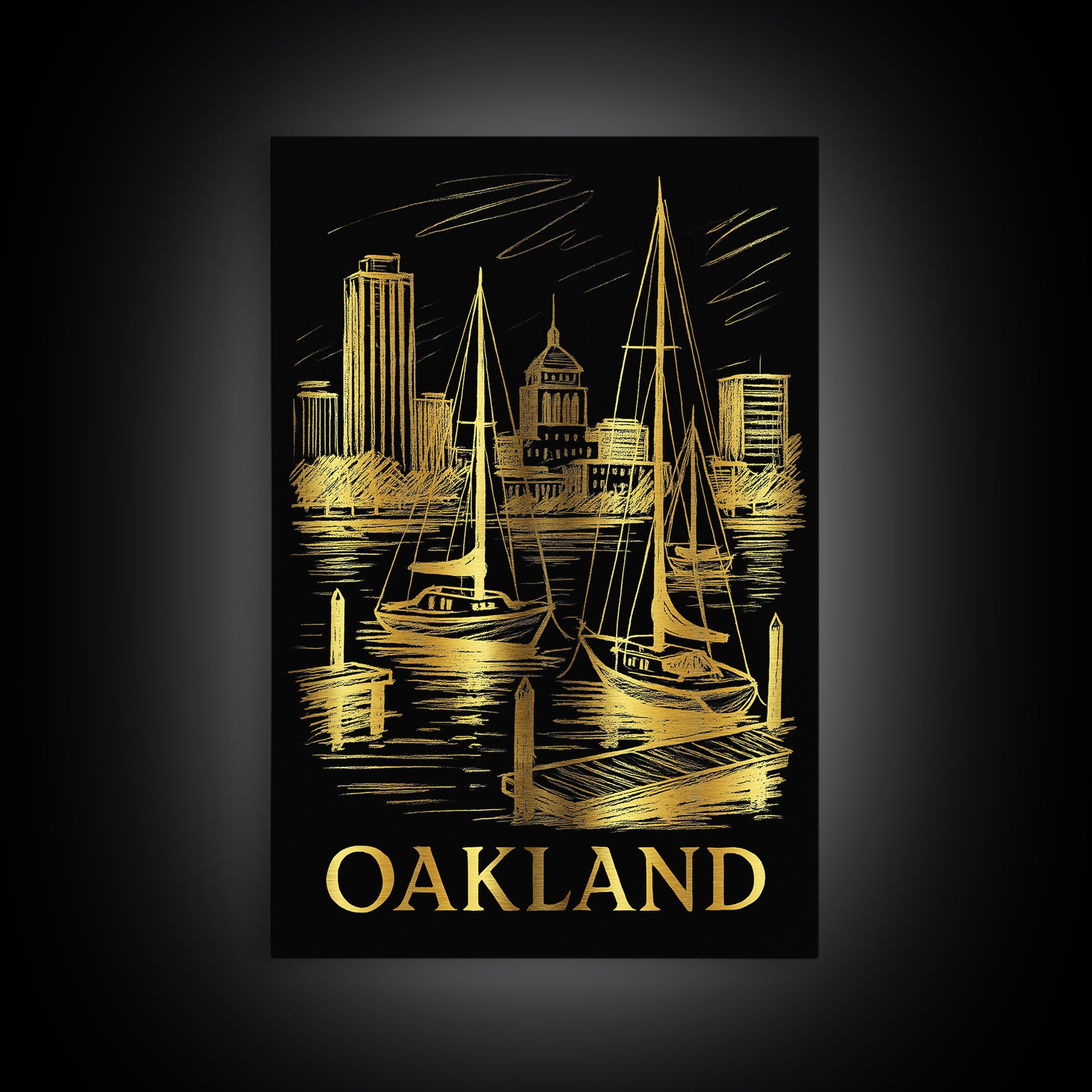 Oakland Travel Poster, Canvas Print, Gold Sketch Wall Art, Oakland Travel Art, Watercolor Downtown Skyline, Travel Poster Set, Travel Art