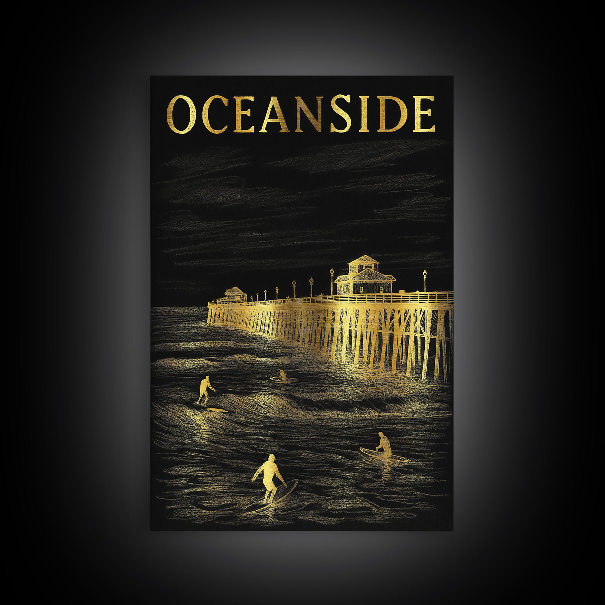 Oceanside California Travel Poster, Canvas Print, Elegant Gold City Art, Oceanside Poster Print, Travel Poster Art, Vintage Travel Art